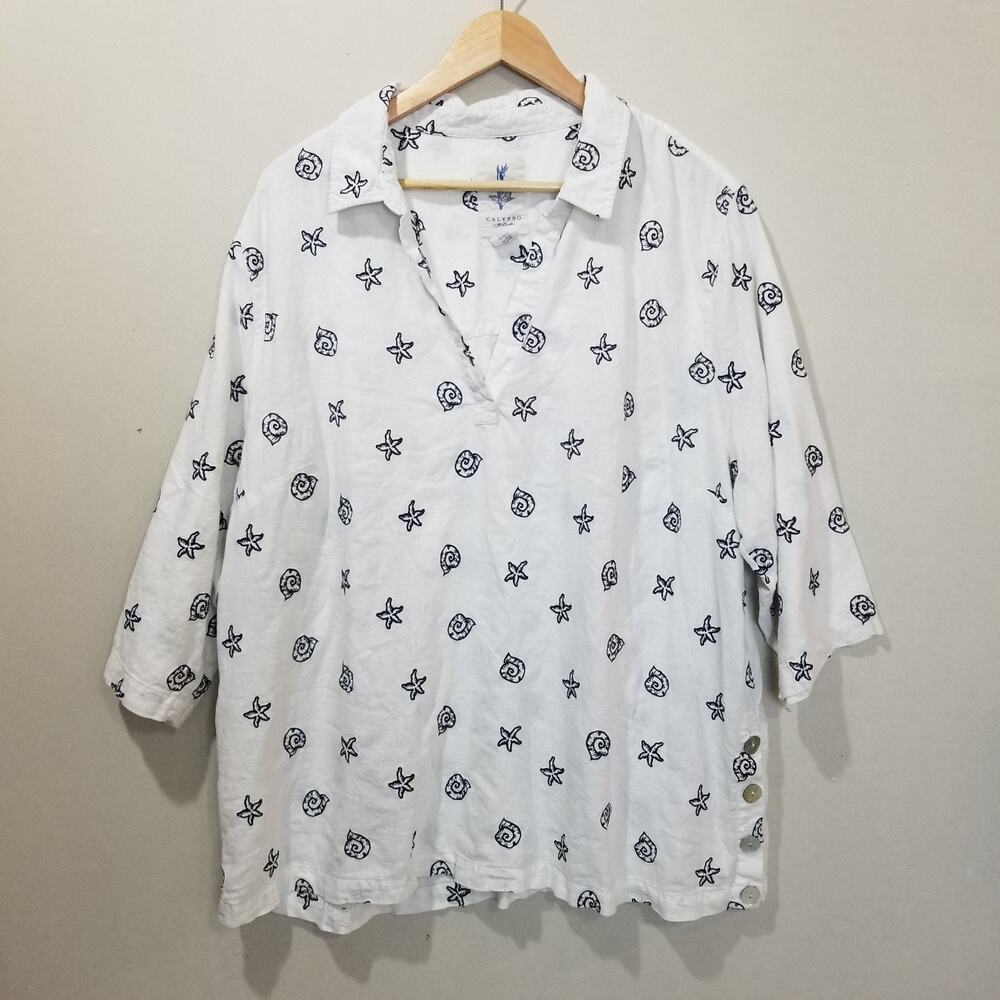 Calypso St Barth Shirt Womens 2X White Linen Starfish Shell Embroidered Tunic